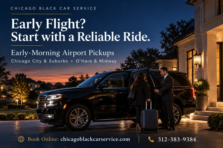 Chauffeur beside a black SUV with a traveler and luggage outside a home at dawn for an early-morning airport pickup.